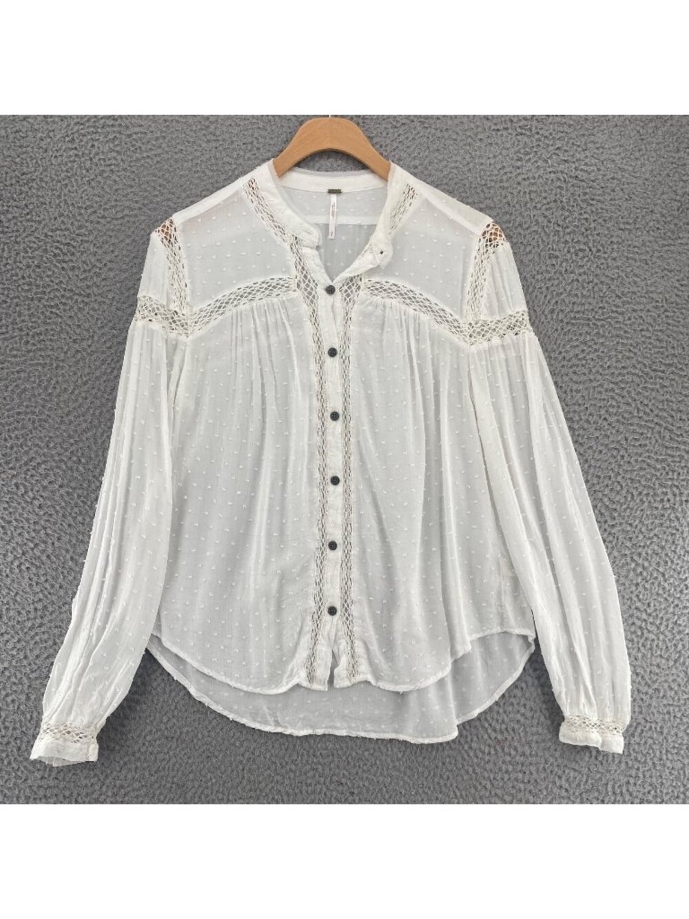 Free People Top Womens Small White Swiss Dot Lace Cutouts Button Up Long Sleeve